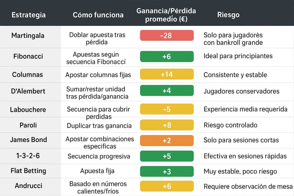Ganancias y pérdidas de 10 estrategias de ruleta en vivo